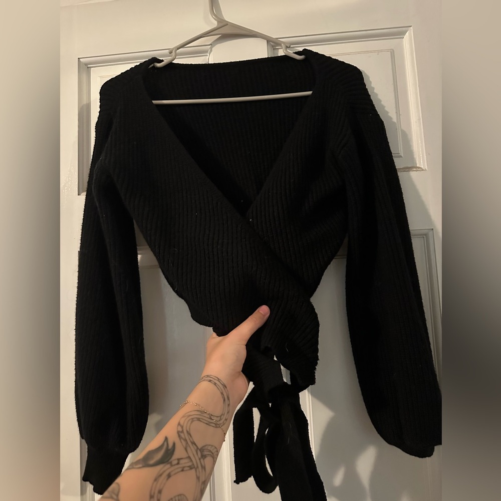 Cropped cross tie sweater